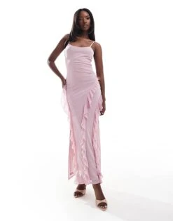 Kaiia Mesh Ruffle Detail Maxi Cami Dress In Pink For Women