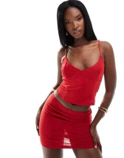 Kaiia Mesh Cami Top And Mini Skirt Co-ord In Red -Kaiia Online Shop 206419878 1 red