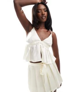 Kaiia Satin Cami Babydoll Top And Mini Skirt And Shorts Co-ord In Cream -Kaiia Online Shop 206419985 1 white