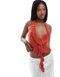 Kaiia Ruffle Chiffon Halterneck Top And Maxi Skirt Co-ord In Rust -Kaiia Online Shop 206419995 1 rust 1