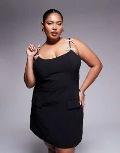 Kaiia Plus Tailored Contrast Bow Detail Cami Mini Dress In Black For Women