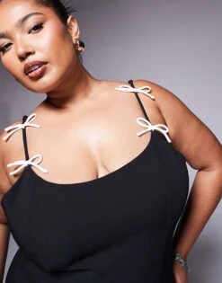 Kaiia Plus Tailored Contrast Bow Detail Cami Mini Dress In Black For Women -Kaiia Online Shop 206420065 4