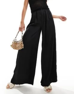 Kaiia Satin Wide Leg Trousers In Black For Women