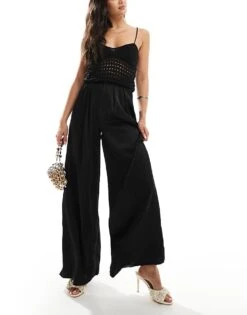 Kaiia Satin Wide Leg Trousers In Black For Women -Kaiia Online Shop 206420075 3