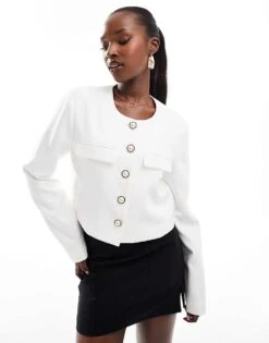 Kaiia Boxy Cropped Pearl Button Through Jacket In White For Women