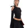 Kaiia One Shoulder Bow Tie One Sleeve Top In Black For Women -Kaiia Online Shop 206456742 1 black
