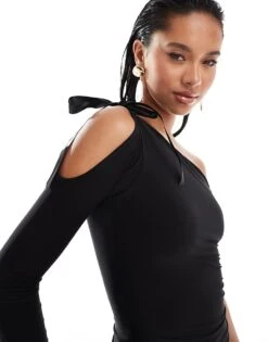 Kaiia One Shoulder Bow Tie One Sleeve Top In Black For Women -Kaiia Online Shop 206456742 4