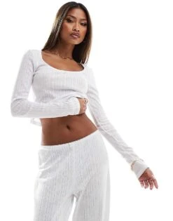 Kaiia Pointelle Ribbed Bow Detail Round Neck Top Co-ord In White For Women -Kaiia Online Shop 206456837 1 white 1