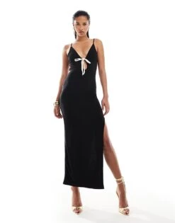 Kaiia Contrast Bow Detail Strappy Back Cami Maxi Dress In Black For Women