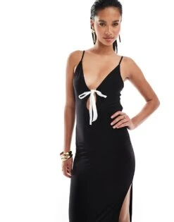 Kaiia Contrast Bow Detail Strappy Back Cami Maxi Dress In Black For Women -Kaiia Online Shop 206456873 4