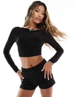 Kaiia Slinky Low Back Bow Detail Long Sleeve Top In Black For Women -Kaiia Online Shop 206456889 1 black 1