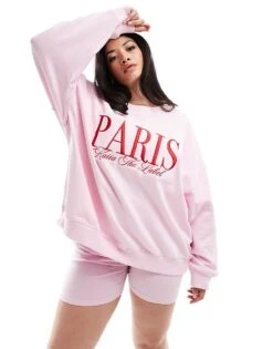 Kaiia Paris Plus Motif Sweatshirt And Mini Short Co-ord In Light Pink -Kaiia Online Shop 206458651 1 lightpink 1