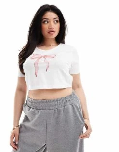 Kaiia Plus Bow Motif Baby Tee In White For Women -Kaiia Online Shop 206458867 1 white 1