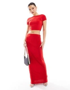 Kaiia Slinky Low Back Top Co-ord And Maxi Skirt Co-ord In Red