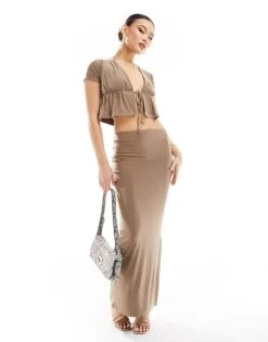 Kaiia Tie Front Crop Top And Maxi Skirt Co-ord In Mocha