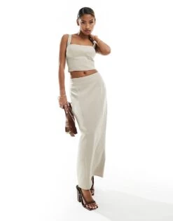 Kaiia Tailored Structured Top And Maxi Skirt Co-ord In Beige