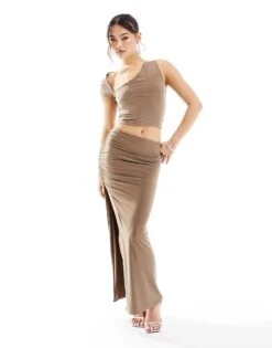 Kaiia Slinky Asymmetric Top And Maxi Skirt Co-ord In Light Brown