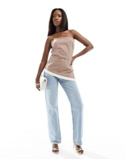 Kaiia Bandeau Asymmetricside Split Top And Maxi Skirt Co-ord In Mocha