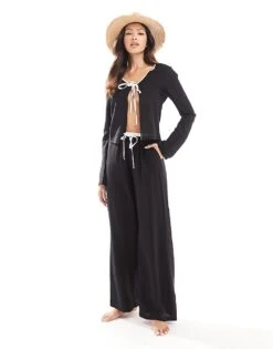 Kaiia Linen Contrast Trim Tie Front Beach Shirt And Trouser Co-ord In Black