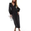 Kaiia Volume Sleeve Plunge Neck Button Detail Maxi Dress In Black For Women -Kaiia Online Shop 206717621 1 black