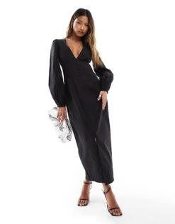 Kaiia Volume Sleeve Plunge Neck Button Detail Maxi Dress In Black For Women