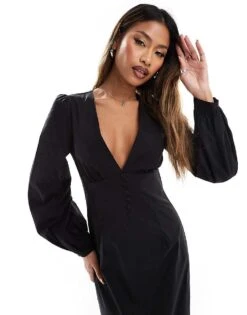 Kaiia Volume Sleeve Plunge Neck Button Detail Maxi Dress In Black For Women -Kaiia Online Shop 206717621 3