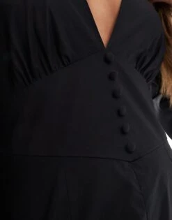 Kaiia Volume Sleeve Plunge Neck Button Detail Maxi Dress In Black For Women -Kaiia Online Shop 206717621 4