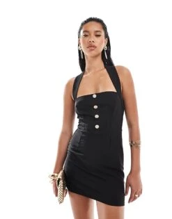 Kaiia Halterneck Pearl Button Mini Dress In Black For Women -Kaiia Online Shop 206717671 1 black 1