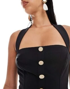 Kaiia Halterneck Pearl Button Mini Dress In Black For Women -Kaiia Online Shop 206717671 4