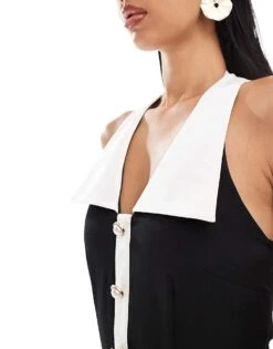 Kaiia Tailored Halterneck Contrast Collar Pearl Button Detail Mini Dress In Black For Women -Kaiia Online Shop 206717703 3