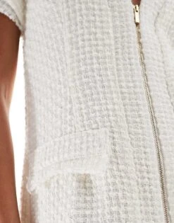 Kaiia Boucle Plunge Neck Zip Through Mini Dress In Ivory For Women -Kaiia Online Shop 206717723 3