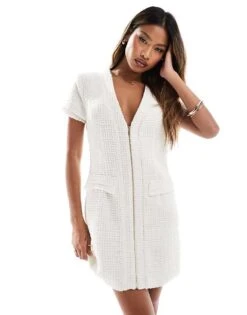 Kaiia Boucle Plunge Neck Zip Through Mini Dress In Ivory For Women -Kaiia Online Shop 206717723 4