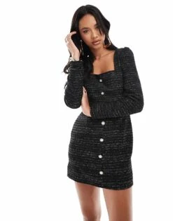 Kaiia Boucle Square Neck Button Through Mini Dress In Black For Women
