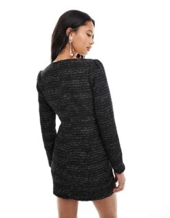 Kaiia Boucle Square Neck Button Through Mini Dress In Black For Women -Kaiia Online Shop 206717798 3