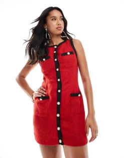 Kaiia Sleeveless Boucle Contrast Detail Pearl Button Mini Dress In Red For Women Red Black