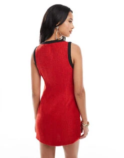 Kaiia Sleeveless Boucle Contrast Detail Pearl Button Mini Dress In Red For Women Red Black -Kaiia Online Shop 206717799 4