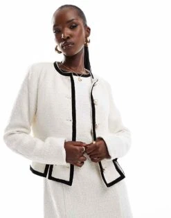Kaiia Boucle Bow Detail Pearl Button Through Fitted Jacket Co-ord In White For Women -Kaiia Online Shop 206727712 1 white 1