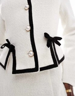 Kaiia Boucle Bow Detail Pearl Button Through Fitted Jacket Co-ord In White For Women -Kaiia Online Shop 206727712 3