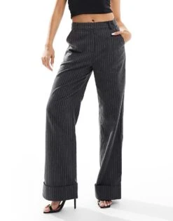 Kaiia Flared Trousers In Grey Pinstripe For Women