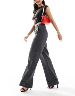 Kaiia Flared Trousers In Grey Pinstripe For Women -Kaiia Online Shop 206728188 4