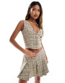 Kaiia Tailored Waistcoat Co-ord In Beige Check For Women
