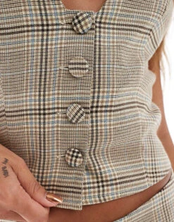 Kaiia Tailored Waistcoat Co-ord In Beige Check For Women -Kaiia Online Shop 206728198 3