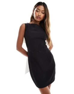 Kaiia Contrast Oversized Bow Tie Back Mini Dress In Black For Women Black White -Kaiia Online Shop 206728314 4