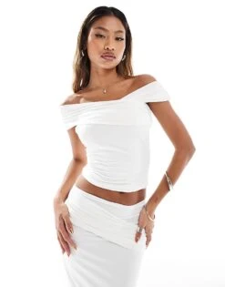 Kaiia Slinky Drape Off Shoulder Top And Maxi Skirt Co-ord In White -Kaiia Online Shop 206728439 1 white 1