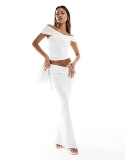 Kaiia Slinky Drape Off Shoulder Top And Maxi Skirt Co-ord In White