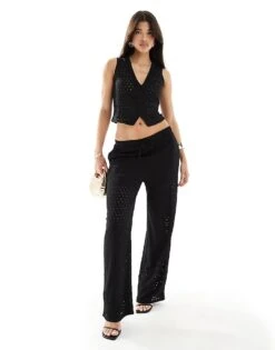 Kaiia Crochet Knit Waistcoat And Wide Leg Trouser Co-ord In Black