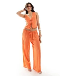 Kaiia Tie Front Waistcoat And Wide Leg Trouser Co-ord In Orange