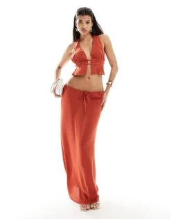 Kaiia Sleeveless Plunge Top And Maxi Skirt Co-ord In Rust