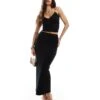 Kaiia Ribbed Bow Detail Cami Top And Midaxi Skirt Co-ord In Black