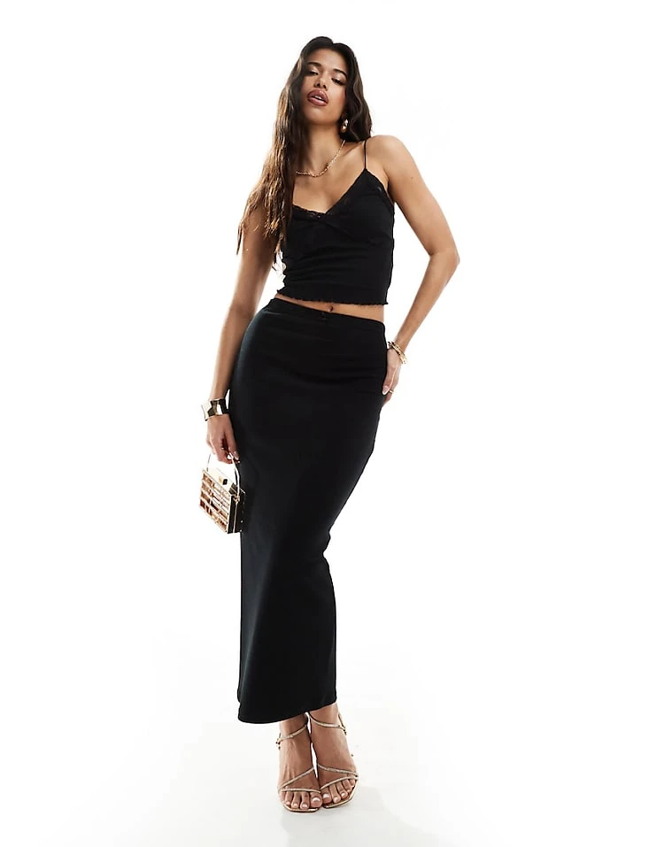 Kaiia Ribbed Bow Detail Cami Top And Midaxi Skirt Co-ord In Black 3 Kaiia Ribbed Bow Detail Cami Top And Midaxi Skirt Co-ord In Black